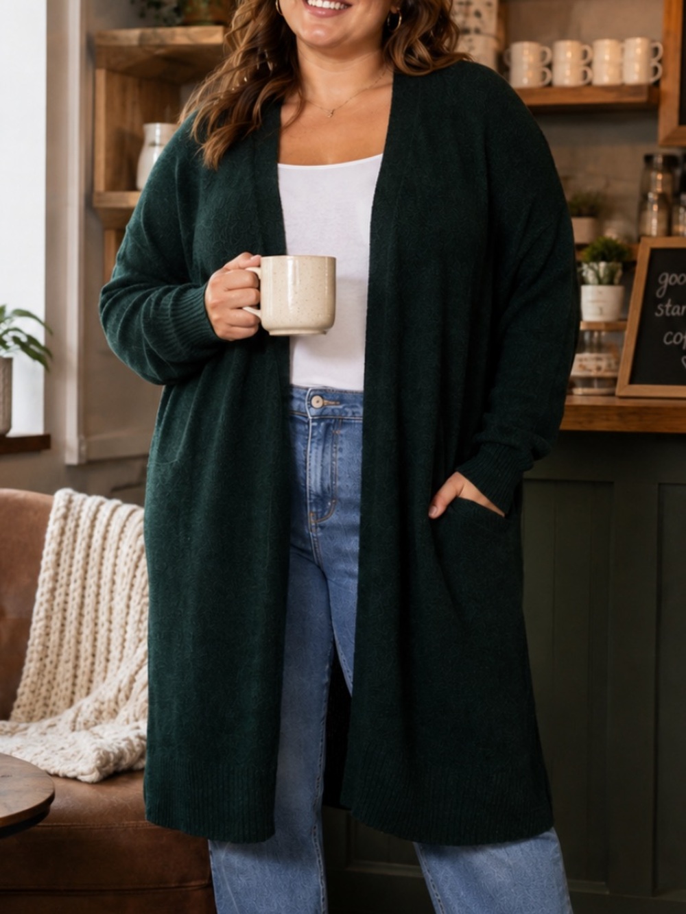 Terra & Sky Long Open-Front Cardigan Sweater - Dark Green